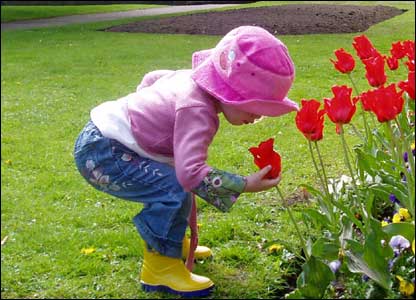 smelling flowers